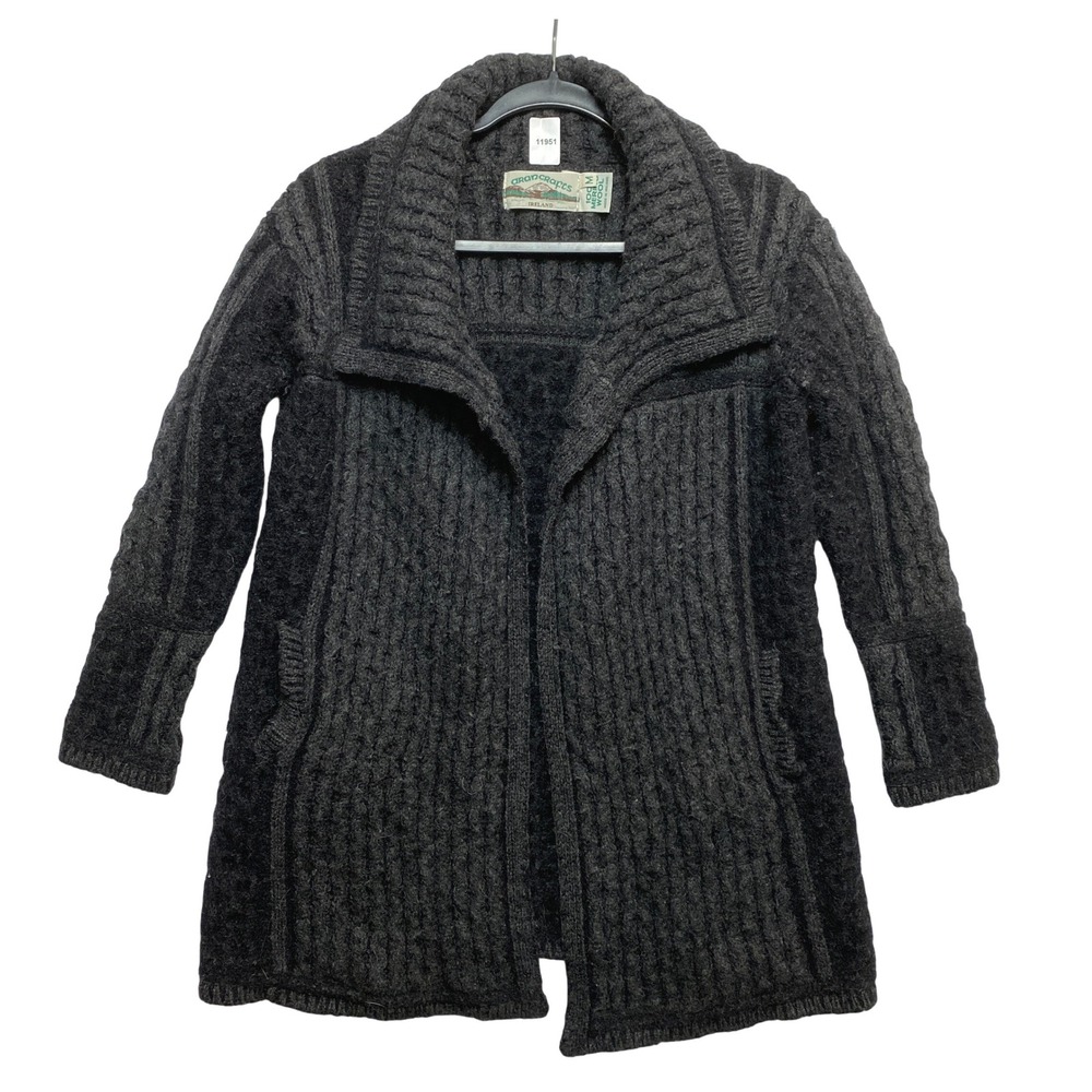 Aran Crafts Wool Cardigan Womens M Charcoal Merino Cable Knit Open Front Ireland